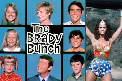 A split featuring the cast of The Brady Bunch and Wonder Woman (Lynda Carter).